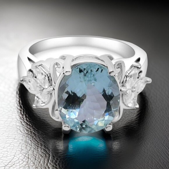 BRAND NEWNatural Aquamarine 925 Sterling Silver Woman Bridal Ring Jewelry